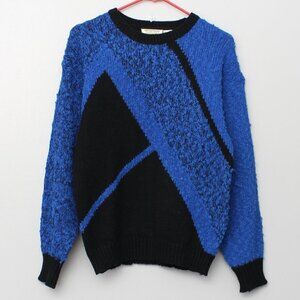 Vintage Yellow Cab black blue geometric color block textured crew neck sweater